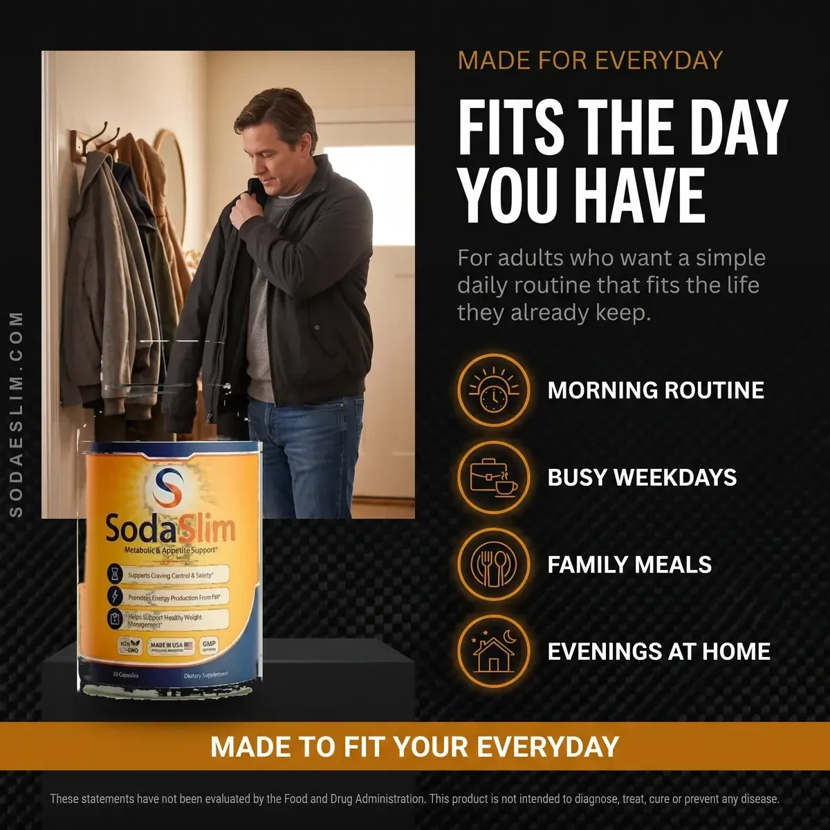 The SodaSlim everyday-use artwork showing a man leaving the house on a weekday