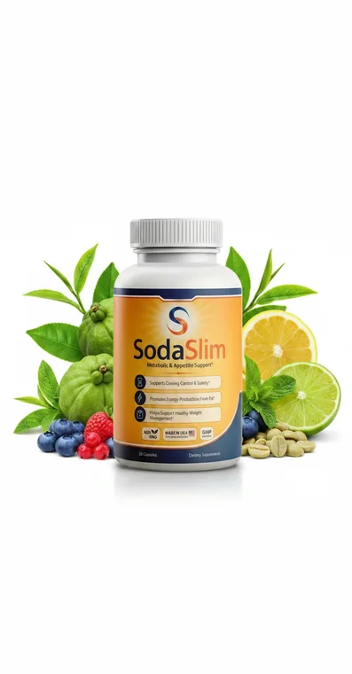 A single SodaSlim bottle photographed among green coffee beans, citrus and berries